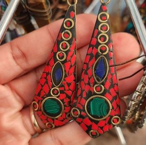 Abstract Drop Earrings Antique Gold with Red, Blue, Green Accents